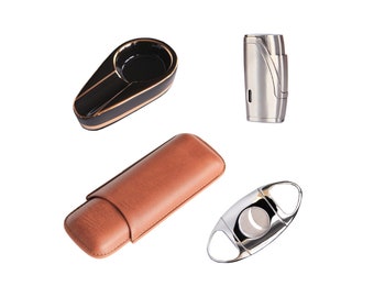 Cigar Lighter, Cutter, Travel Case, and Single Cigar Ash Tray accessory bundle for