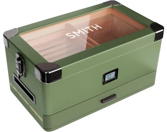 Military Glass Top Humidor Matte Green with Front Digital Hygrometer - Holds (50-100 Cigars) by Klaro