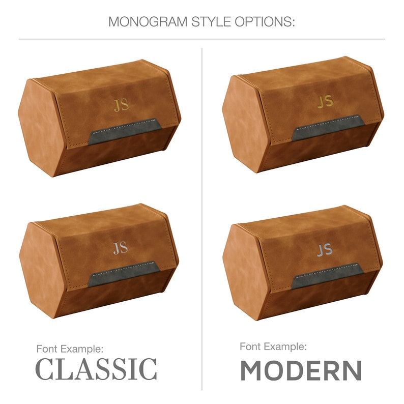 May include: Two brown hexagonal dice boxes with a black trim. The boxes are shown with two different monogram styles: "CLASSIC" and "MODERN".