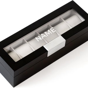 Moderne zwarte horlogedoos met 6 sleuven met metalen clip en echt glas van kast Elegance