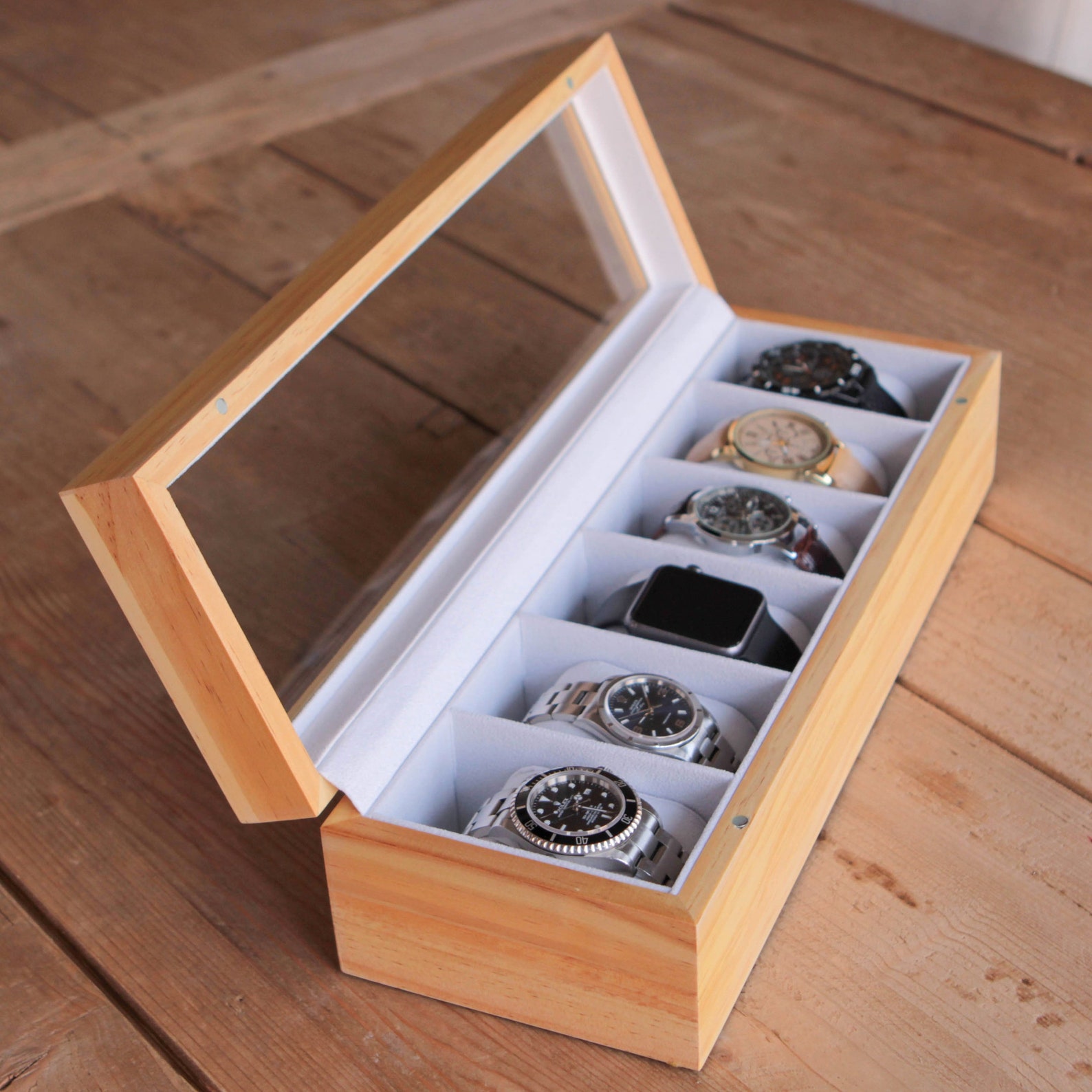 Solid Pine Wood Watch Box Organizer With Glass Display Top by Etsy