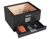 Mill Glass Top Humidor Matte Black Wood Grain, Front Digital Hygrometer, Spanish Cedar - Holds (30-60 Cigars) by Klaro