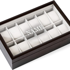 Solid Espresso Wood Watch Box Organizer with Glass Display Top 12 Slot by Case Elegance