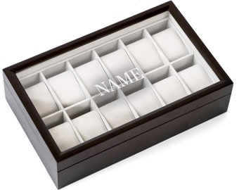 Solid Espresso Wood Watch Box Organizer with Glass Display Top 12 Slot by Case Elegance