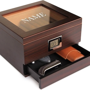 Humidor Glass Top Handcrafted Cedar with Front Digital Hygrometer, Hydro System, and Accessory Drawer - Holds (25-50 Cigars)