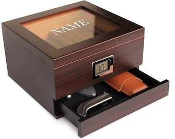 Humidor Glass Top Handcrafted Cedar with Front Digital Hygrometer, Hydro System, and Accessory Drawer - Holds (25-50 Cigars)