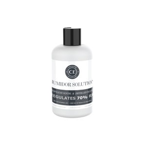 May include: A white plastic bottle with a black lid and label. The label reads "Humidor Solution", "Propylene Glycol & Distilled Water", "Regulates 70% RH", and "C.E. Cigar Elegance Experts Since 2007".