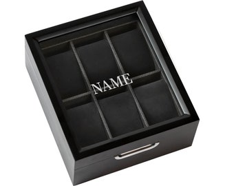 Modern 2x3 Black Finish Watch Box with Custom Aluminum Handle 6-Slot with Real Glass