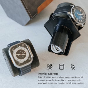 Op de afbeelding: Een zwarte horlogewinder met een grijs horlogekussen. De horlogewinder heeft een klein opbergvak voor accessoires. Het vak is toegankelijk door het horlogekussen te verwijderen. De afbeelding toont pictogrammen voor het reinigen, opladen en opbergen van kleine accessoires.
