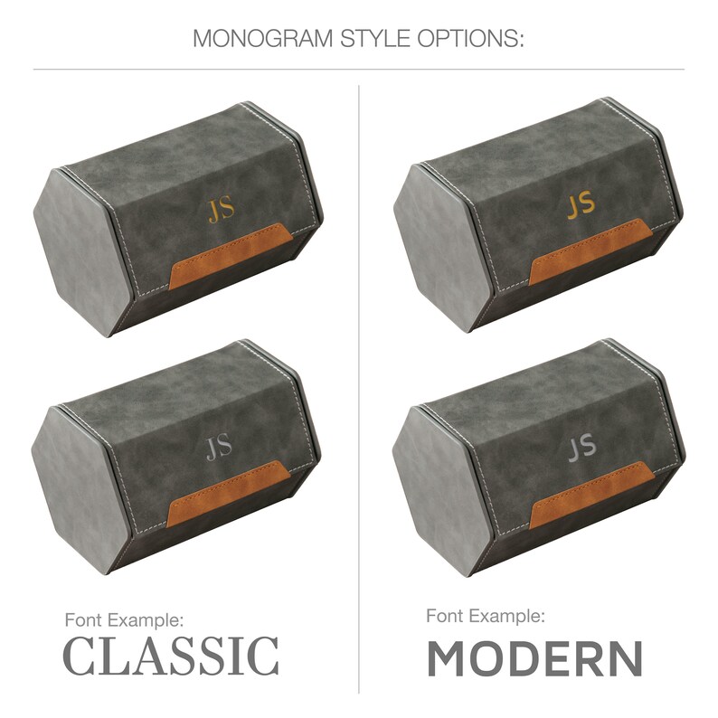 Op de afbeelding: Twee zeshoekige grijze dozen met een bruine rand, elk met de initialen "JS" in een andere lettertype stijl. De bovenste doos heeft de initialen in een klassieke lettertype stijl, en de onderste doos heeft de initialen in een moderne lettertype stijl. De tekst "Voorbeeld lettertype: KLASSIEK" staat onder de bovenste doos, en de tekst "Voorbeeld lettertype: MODERN" staat onder de onderste doos.