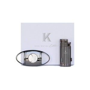 Klaro Cigar Accessory Kit Polished Gunmetal Finish Cutter & Lighter Gift Set Packaging