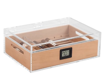 Felix Tupperdor - Airtight Acrylic Humidor, Spanish Cedar Tray, Humidity Pack, Digital Hygrometer, Acrylic Divider 35-45 Cigars