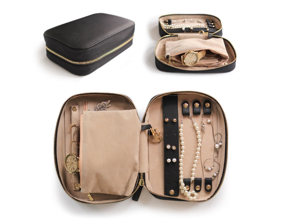 Black Full Grain Leather Travel Jewelry Case Organizer by Case Etsy