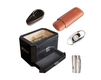 Octodor Humidor with cigar lighter, cutter, ashtray, and travel cigar case bundle