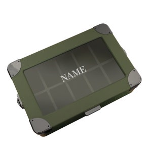 Military 10 Slot Watch Box Case Organizer for Men, Real Glass Top, Compatible with Apple Watch Stand, Accessory Drawer, Watch Pillow Stands