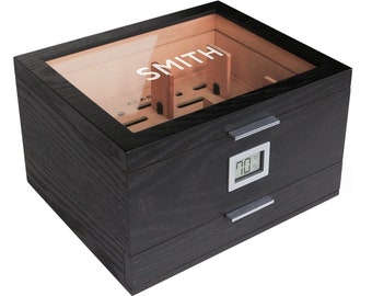 Mill Glass Top Humidor Matte Black Wood Grain, Front Digital Hygrometer, Spanish Cedar - Holds (30-60 Cigars) by Klaro