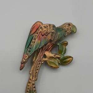 Vintage 1930s Large Enamel Parrot Colorful Bird Sitting on Branch Brooch