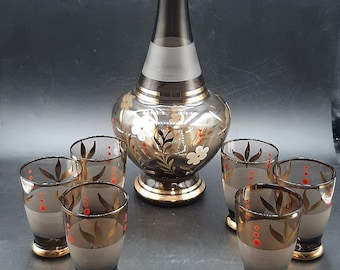 Vintage Smoky Brown Glass Decanter Set 6 Glasses Gold Trim Hand Painted Barware