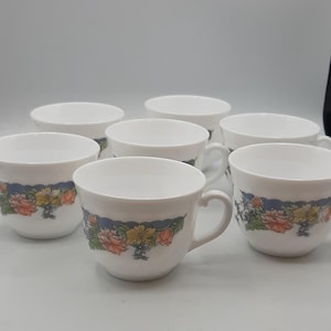 Vintage Floral Teacups France Acropal Milk Glass Florine Pattern Set of 6