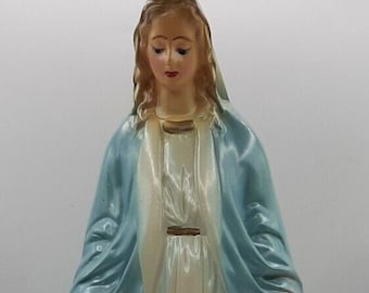Large Vintage Virgin Mary Lady of Grace Chalkware Religious Statue Rare 12 3/4&quot;