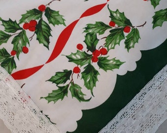 Christmas Decor Holly Berry Tablecloth Christmas Linen Vintage Christmas Holly Tablecloth Dining Holly Leaf Tablecloth