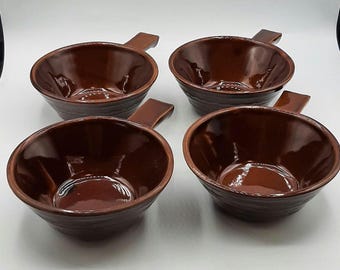 Vintage 1950s MCM Marcrest Daisy Dot Brown Stoneware Soup Bowls With Handle USA
