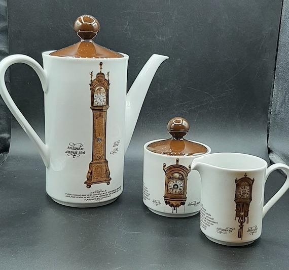 Vintage Mitterteich Porzellan Bavaria Coffee Pot Set Clocks Cream