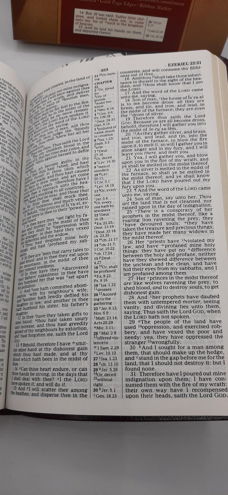 May include: An open book with text from the Bible, featuring the word "Ezekiel" at the top. The pages are yellowed, and the book is open to a chapter with multiple verses.