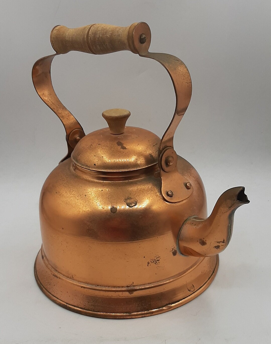 Vintage Primitive Copper Tea Kettle Made in Portugal Stamped Wooden