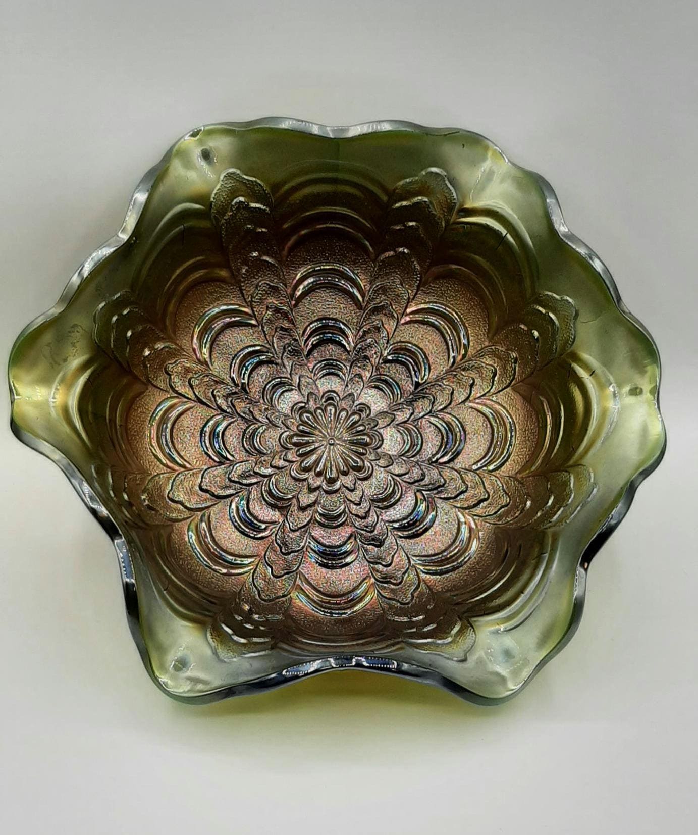 Antique Rare Rosalind Millerburg Green Carnival Glass Bowl 9 3/4" Diameter