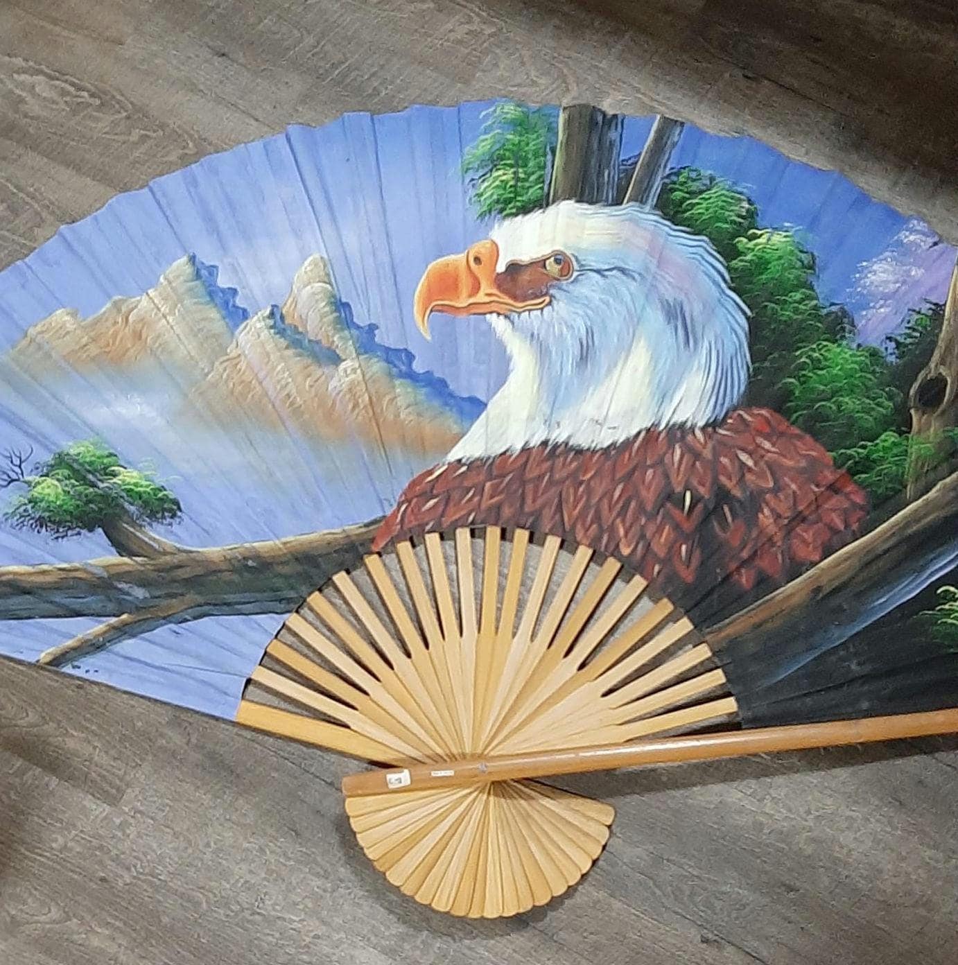 大型60インチ中国製竹製手描き扇形鷲の風景壁掛け（希少） - Etsy 日本