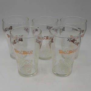 Vintage Dominion Glass Juice Glasses White & Gold Print 3 7/8&quot; Rare Set of 5
