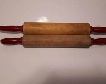 Vintage 2 Red Handle Rolling Pin Farmhouse Rustic Primitive Kitchen Tool Baking