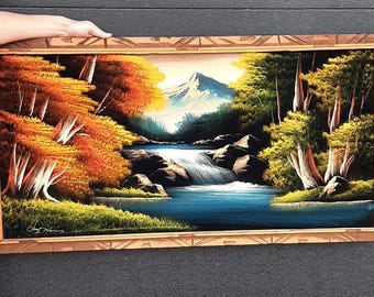 Vintage 70s Velvet Painting Mountain Mystic River Scene Large Framed 25 x 48