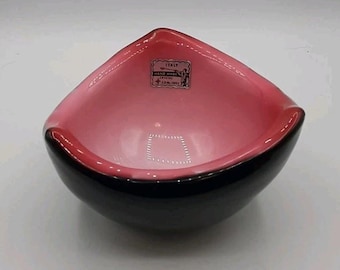 Vintage Handmade Crystal Biomorphic Candy Nut Bowl Pink and Black Italy Sticker