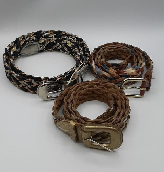 Vintage Lot of 3 Leather Womens Belts Woven Metalic and  display picture 2