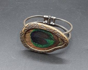 Vintage Brass Cuff Hinged Bracelet Real Peacock Feather Boho Women&#39;s Bracelet