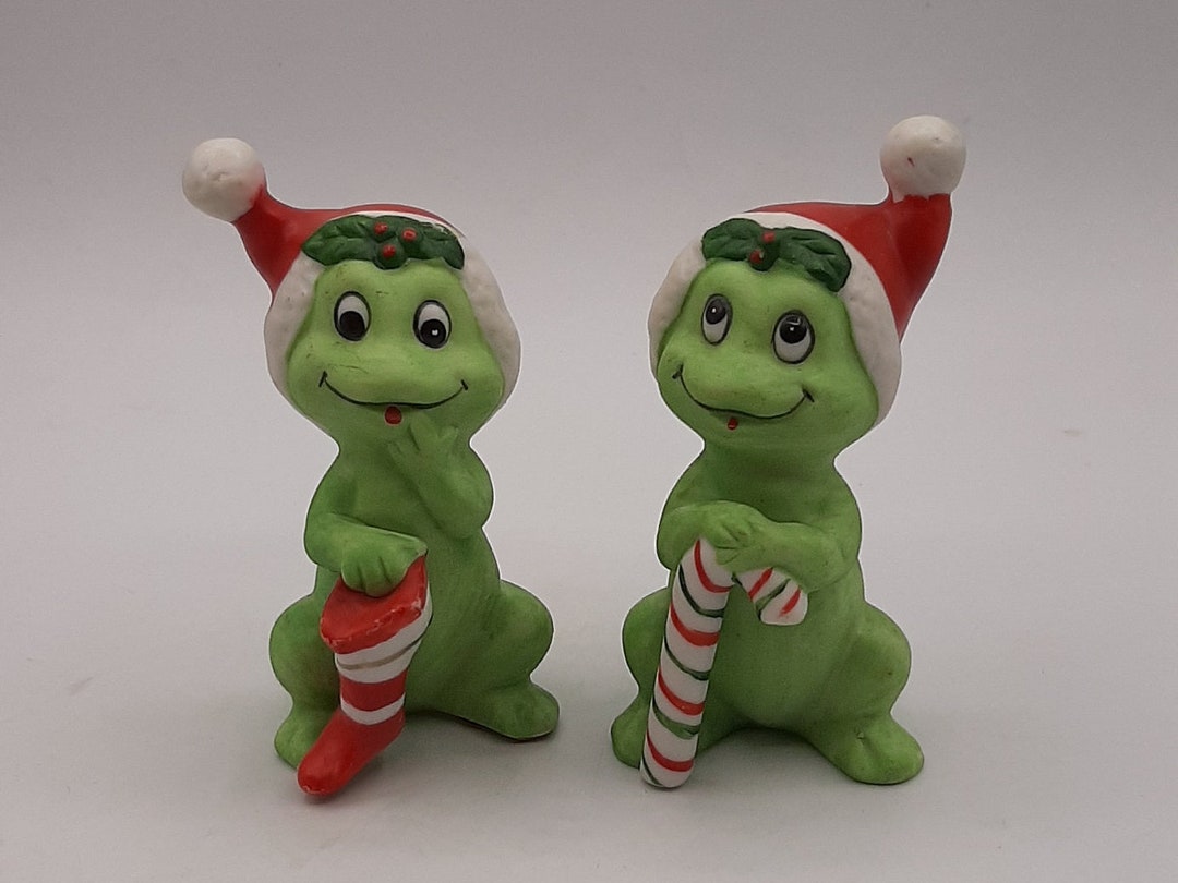 Vintage Lefton Bisque 2 Christmas Frogs With Santa Hat Candy Etsy