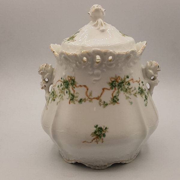 Rare Antique German Floral Eglantine Porcelain Biscuit Jar c.1890 by Hermann Ohm