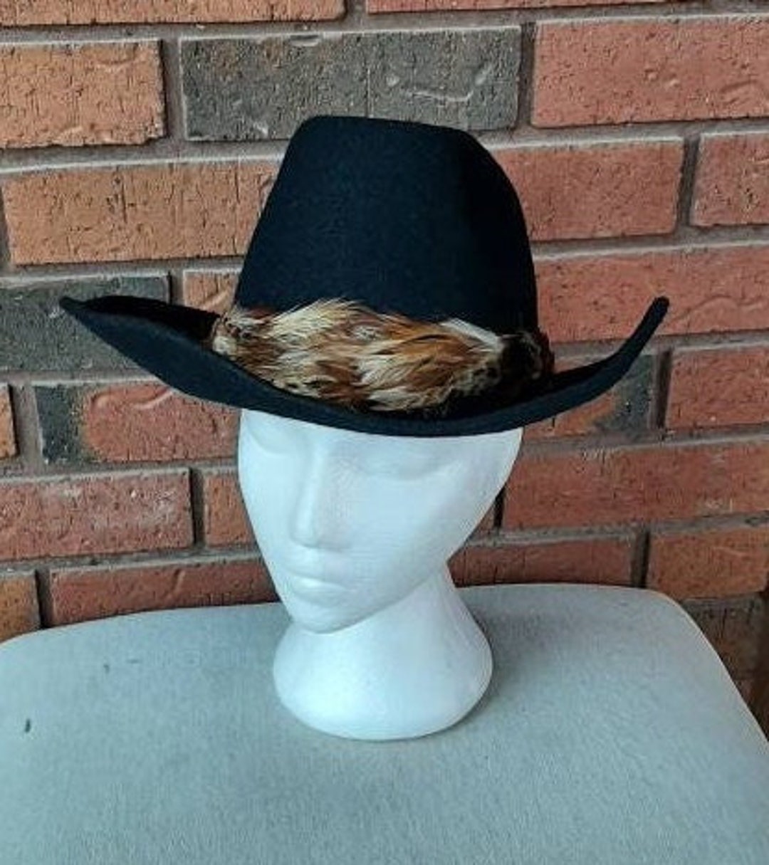 Vintage Lanning Black Felt Wool Western Cowboy Hat Feathers Etsy