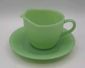 Vintage Fire King Jadeite Creamer and Coffee Saucer Jane Ray Two Piece USA Glass