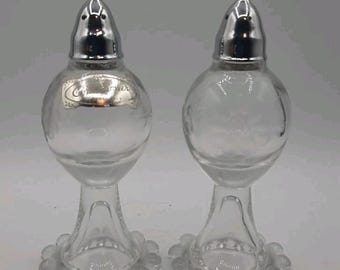Vintage W J Hughes Etched Glass Cornflower Tall Salt and Pepper Set With Sticker