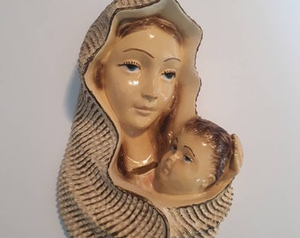 Vintage Mother Mary & Baby Jesus Chalkware 3-D Wall Hanging, Vintage Religious Wall Hanging Plaque, Catholic Religion