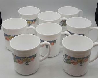 Vintage Arcopal Florine Floral France Milk Glass Coffee Mug Set of 8 Mugs 44