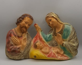 Vintage 1950&#39;s Italy Nativity Wall Plaque Mother Mary Baby Jesus & Joseph #267