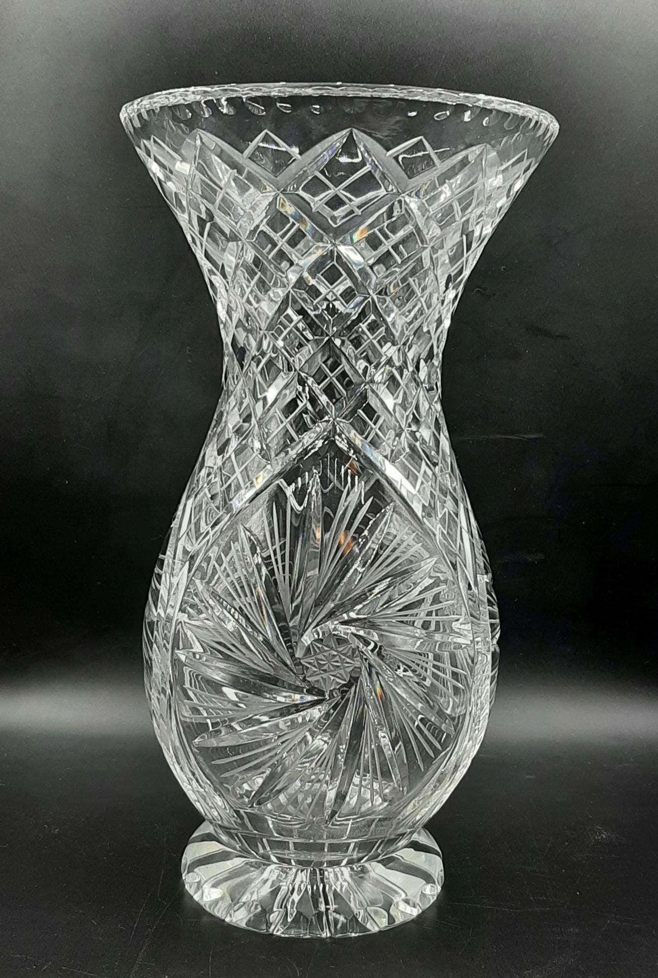 Vintage Cut Clear Crystal Vase 11" Tall Pinwheel Diamond Pattern Heavy