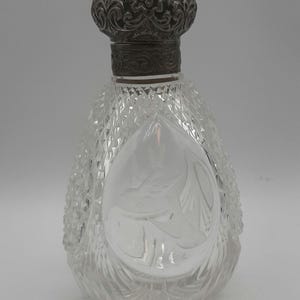 Rare Antique Etched Crystal Stirling Silver Large Perfume  Bottle Hallmarked HA