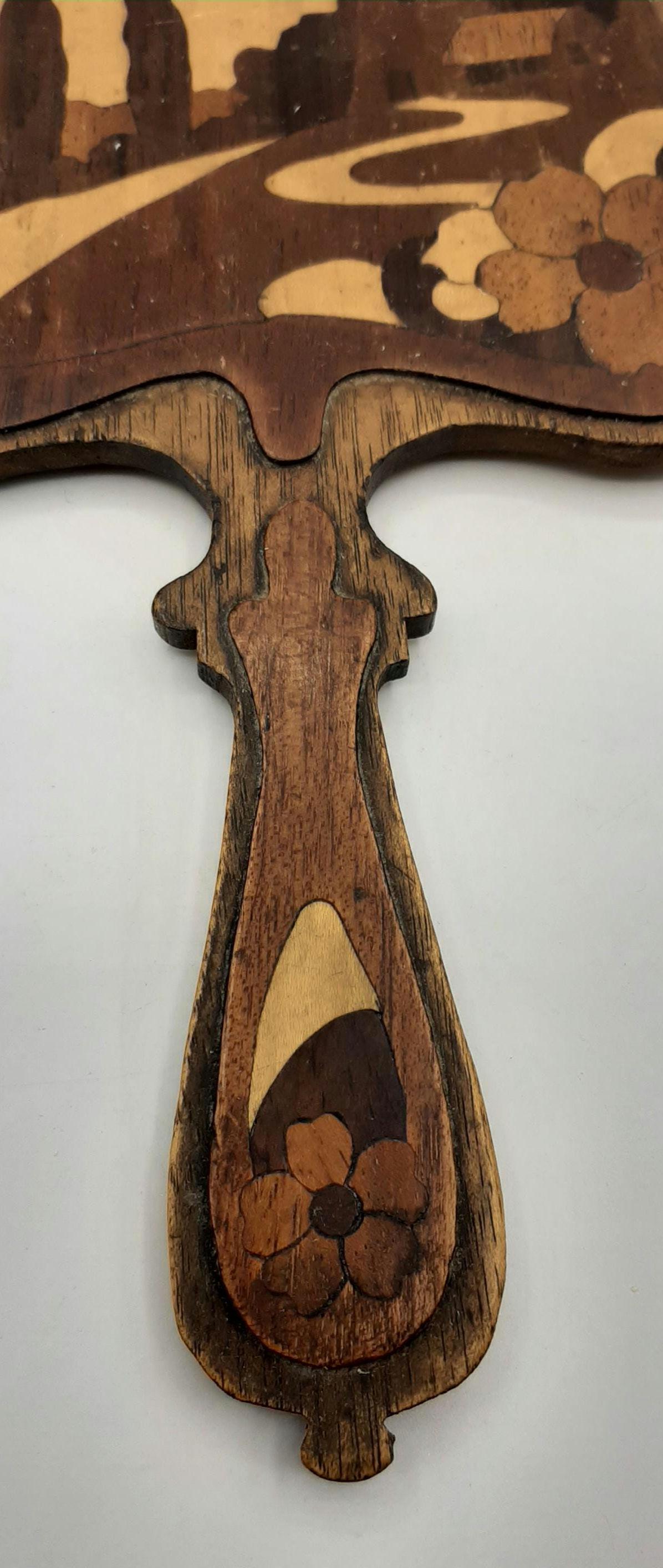 アンティーク ヴィンテージ 手持ち 手作り 木製 ミラー 面取りガラス