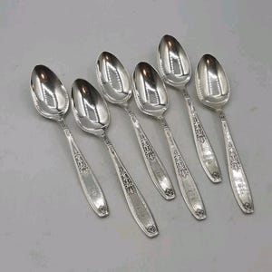 Op de afbeelding: Een set van zes zilveren lepels, gerangschikt op een lichtgrijze ondergrond. Elke lepel heeft een afgeronde kom en een gedetailleerde steel met een gegraveerd bloemmotief. De lepels zijn reflecterend.