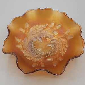 Fenton Acorn Marigold Carnival Glass Candy Dish Ruffled Edge 7&quot; Antique Carnival
